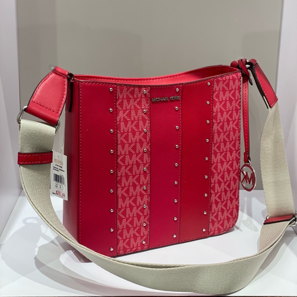 Michael Kors Jet Set Travel Small Crossbody Bag MK Dark Raspberry Studded - Picture 12 of 14